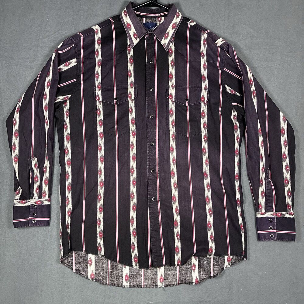 VTG 90s Wrangler Purple Teal Aztec Striped Pearl Snap Western Shirt Large Beaded